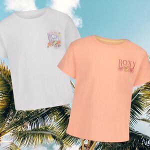 NWT 2Pk Roxy Girls Graphic Logo Tee Shirt Boyfriend Fit XL 16 Peach/White